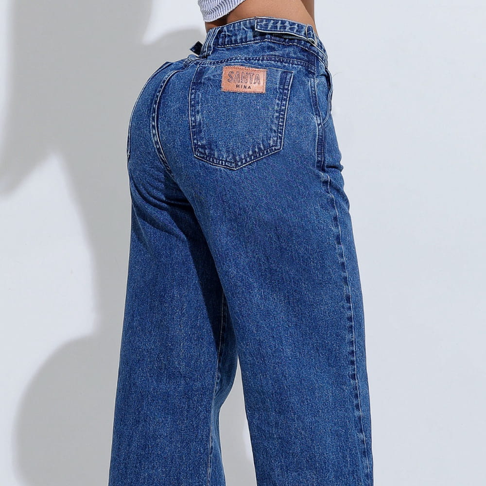 Calça Feminina Jeans Wide Leg com Fenda Santa Mina