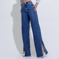 Calça Feminina Jeans Moderna com Abertura na Barra Santa Mina