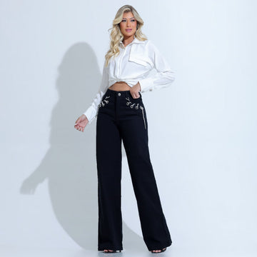 Calça Feminina Jeans Wide Leg Preta Alcione - SM373