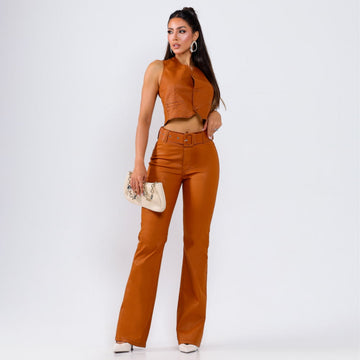Calça Flare Encerada Caramelo c/ Cinto Tifany - SM270C