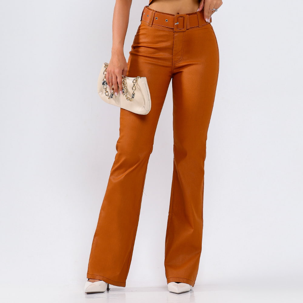 Calça Flare Encerada Caramelo c/ Cinto Tifany - SM270C