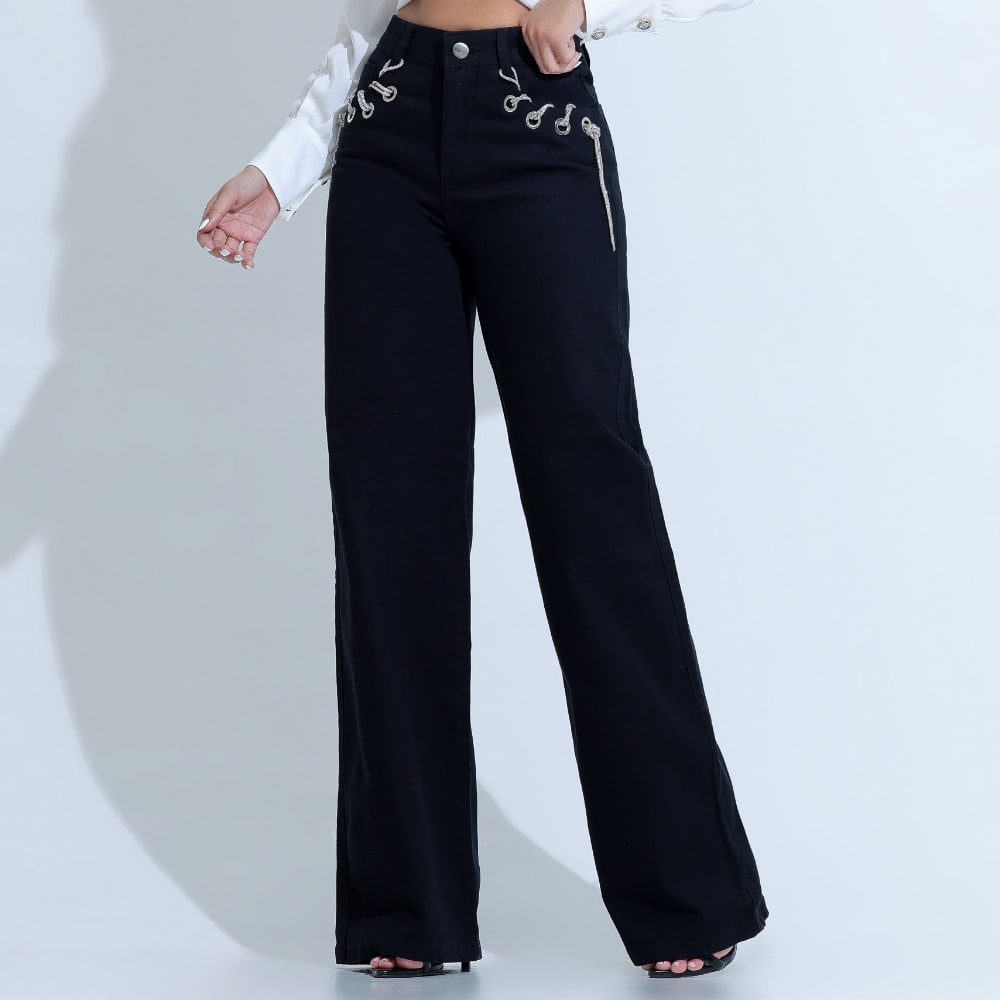 Calça Feminina Jeans Wide Leg Preta Alcione - SM373