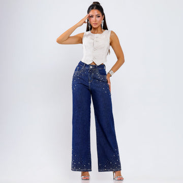 Calça Jeans Wide Leg Azul com Strass Vera - SM473