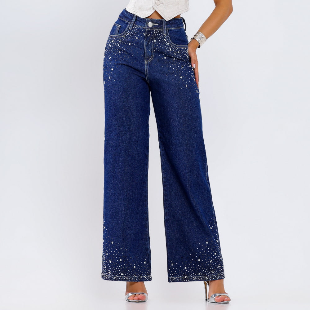 Calça Jeans Wide Leg Azul com Strass Vera - SM473