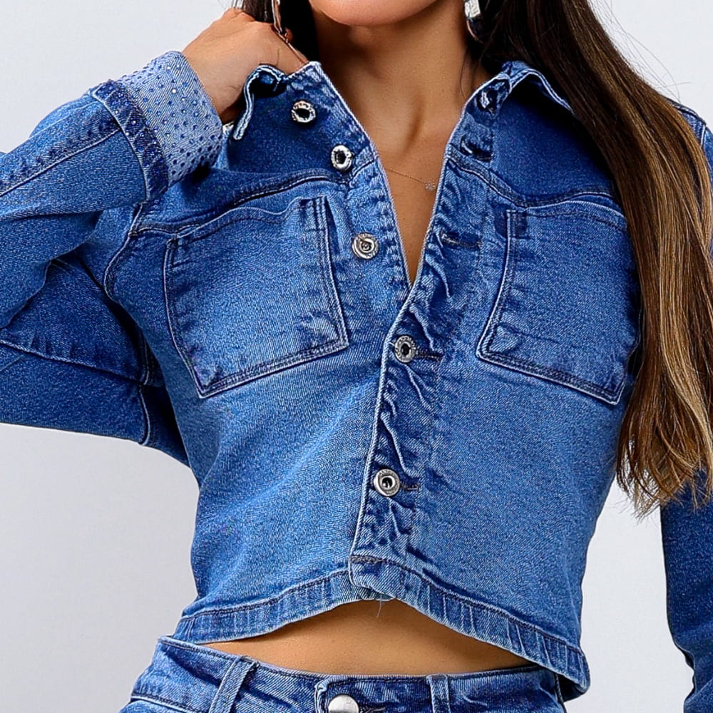 Jaqueta Feminina com Strass Sophia Azul Claro - SM441B
