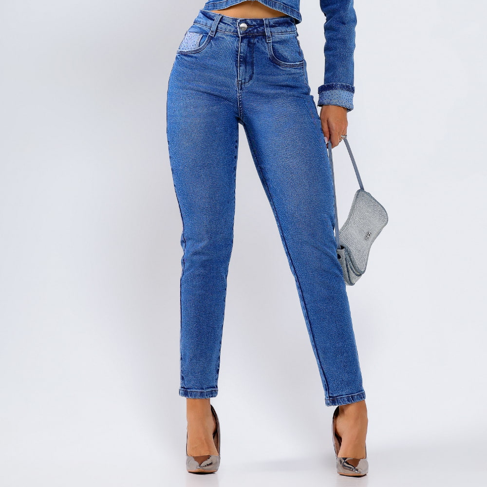 Calça Feminina com Strass Mom Sophia Azul Claro - SM440B