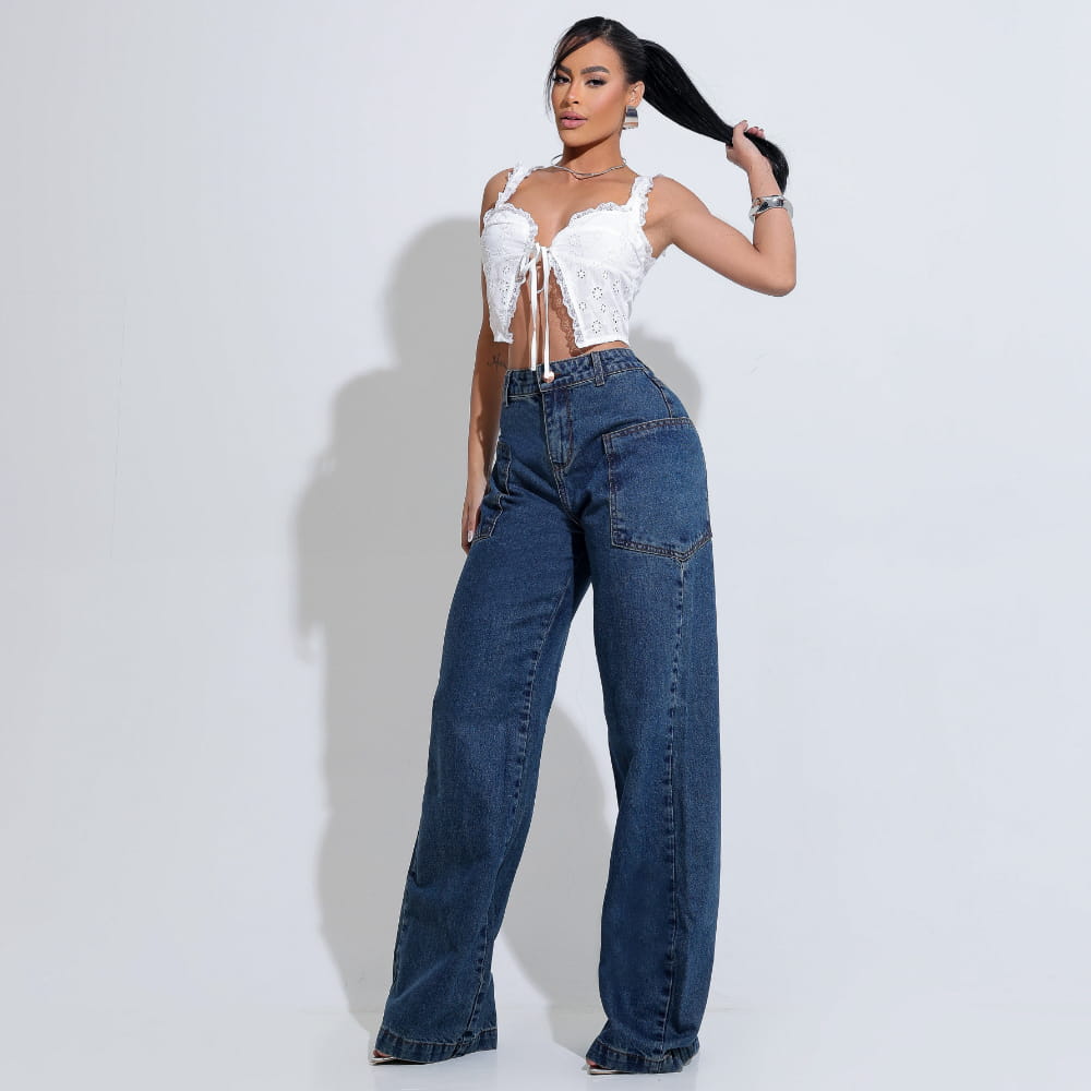 Calça Feminina Jeans Wide Leg Santa Mina