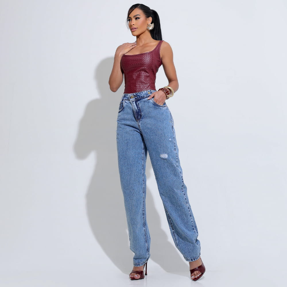 Calça Feminina Jeans Cintura Alta Azul Claro Santa Mina